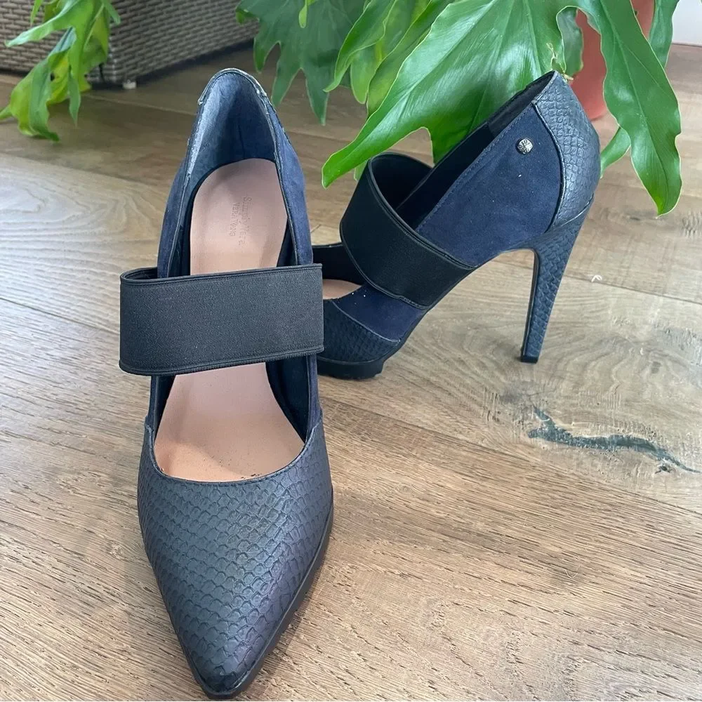 Simply Vera Vera Wang Navy Blue Suede and Faux Snakeskin Print Women Heels  8.5